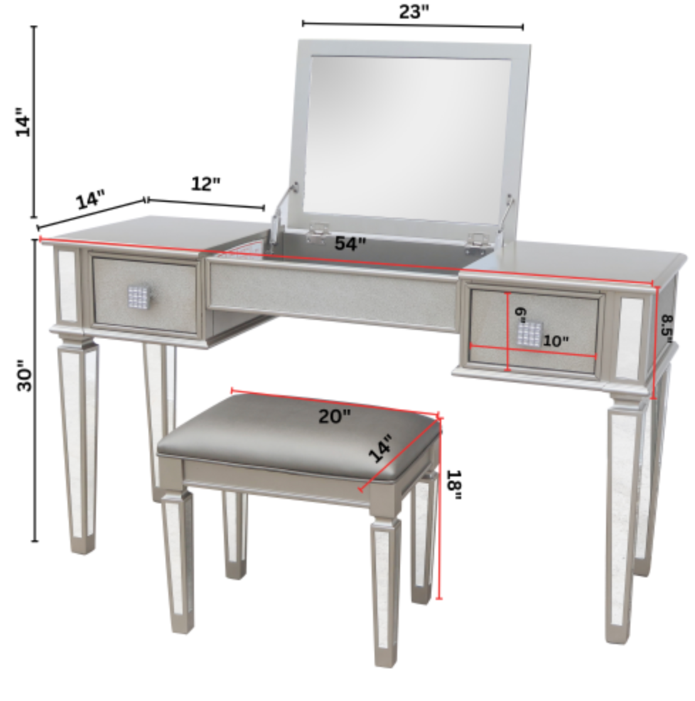 Mirrored Vanities Desk with Drawers, Bedroom Makeup Vanity Table Set with Mirror and Stool - Silver