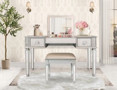 Mirrored Vanities Desk with Drawers, Bedroom Makeup Vanity Table Set with Mirror and Stool - Silver