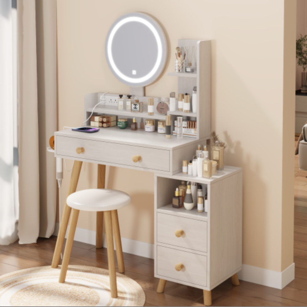 Round Mirror Bedside Cabinet Vanity Table + Cushioned Stool, With 2 AC Power + 2 USB socket, 17" diameter LED Mirror, Touch Control, 3-color, Brightness adjustable, Large desktop, Multi-layer Storage