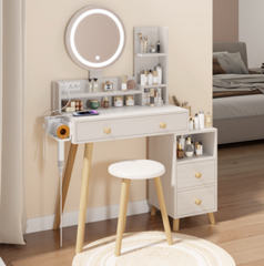 Round Mirror Bedside Cabinet Vanity Table + Cushioned Stool, With 2 AC Power + 2 USB socket, 17" diameter LED Mirror, Touch Control, 3-color, Brightness adjustable, Large desktop, Multi-layer Storage