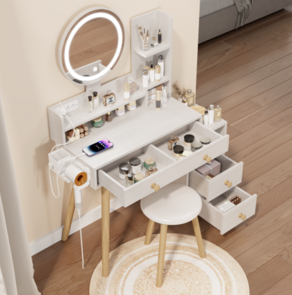 Round Mirror Bedside Cabinet Vanity Table + Cushioned Stool, With 2 AC Power + 2 USB socket, 17" diameter LED Mirror, Touch Control, 3-color, Brightness adjustable, Large desktop, Multi-layer Storage