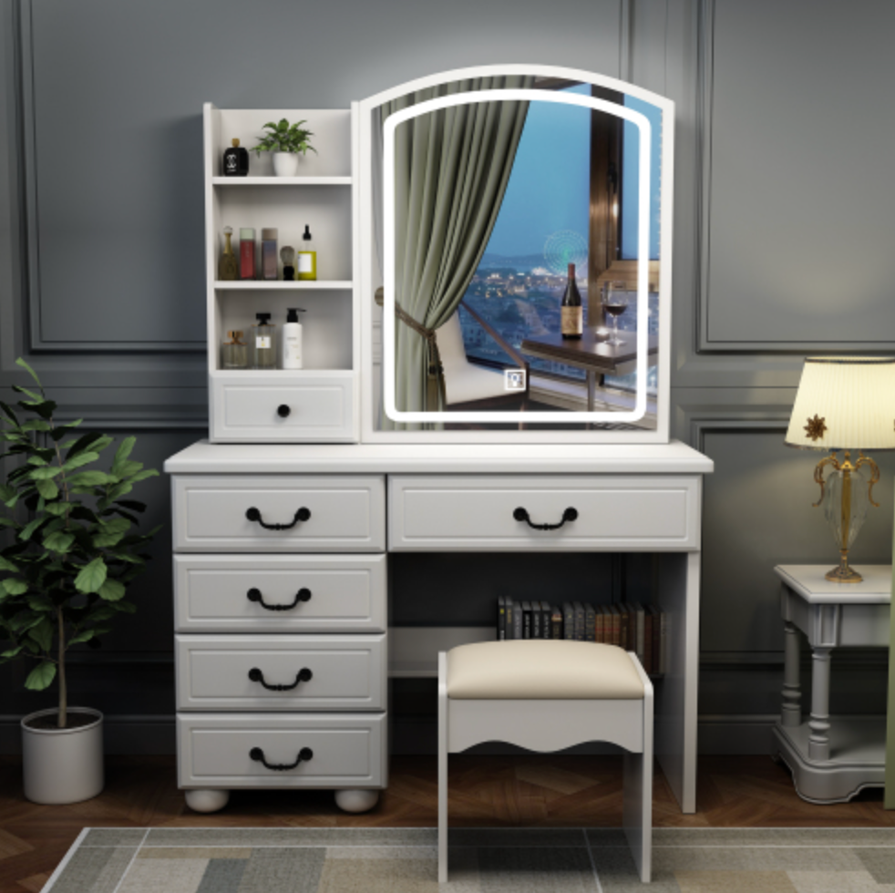 Fashion Vanity Desk with Mirror and Lights for Makeup, Vanity Mirror with Lights and Table Set with 3 Color Lighting Brightness Adjustable, 6 Drawers, White Color