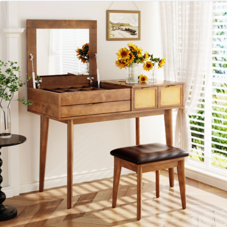 43.3" Classic Wood Makeup Vanity Set with Flip-top Mirror and Stool, Dressing Table with Three Drawers and storage space, Brown