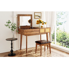 43.3" Classic Wood Makeup Vanity Set with Flip-top Mirror and Stool, Dressing Table with Three Drawers and storage space, Brown