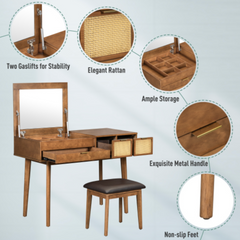 43.3" Classic Wood Makeup Vanity Set with Flip-top Mirror and Stool, Dressing Table with Three Drawers and storage space, Brown