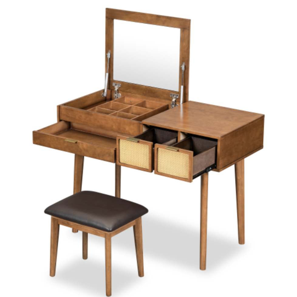 43.3" Classic Wood Makeup Vanity Set with Flip-top Mirror and Stool, Dressing Table with Three Drawers and storage space, Brown