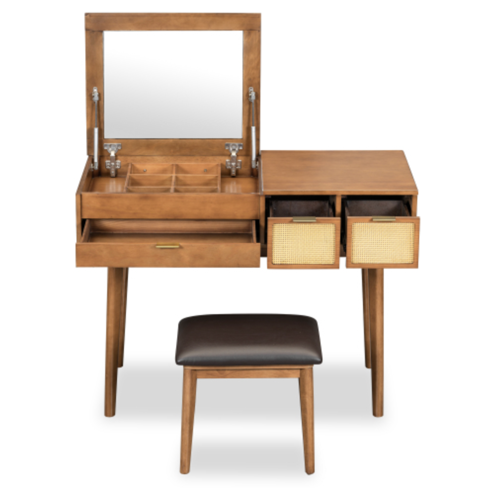 43.3" Classic Wood Makeup Vanity Set with Flip-top Mirror and Stool, Dressing Table with Three Drawers and storage space, Brown