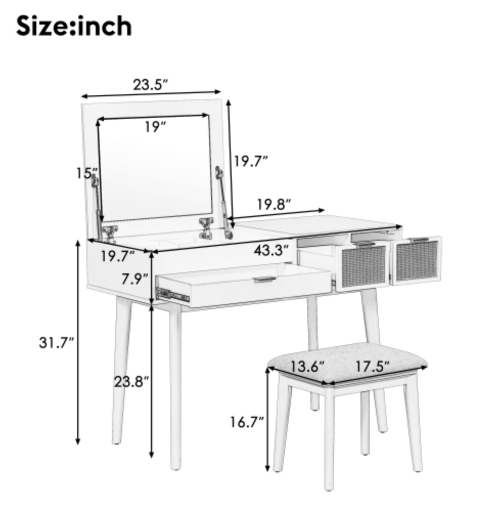 43.3" Classic Wood Makeup Vanity Set with Flip-top Mirror and Stool, Dressing Table with Three Drawers and storage space, Brown