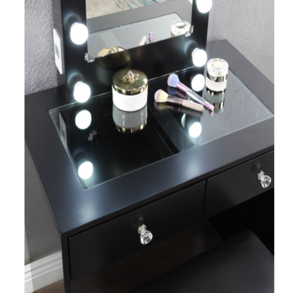 Black Makeup Vanity and Stool Set with 10 Lights and USB Port and Power Outlet, 2x Drawers Luxurious Style Furniture