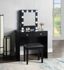 Black Makeup Vanity and Stool Set with 10 Lights and USB Port and Power Outlet, 2x Drawers Luxurious Style Furniture