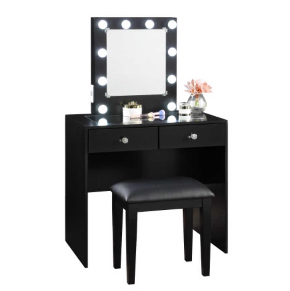 Black Makeup Vanity and Stool Set with 10 Lights and USB Port and Power Outlet, 2x Drawers Luxurious Style Furniture