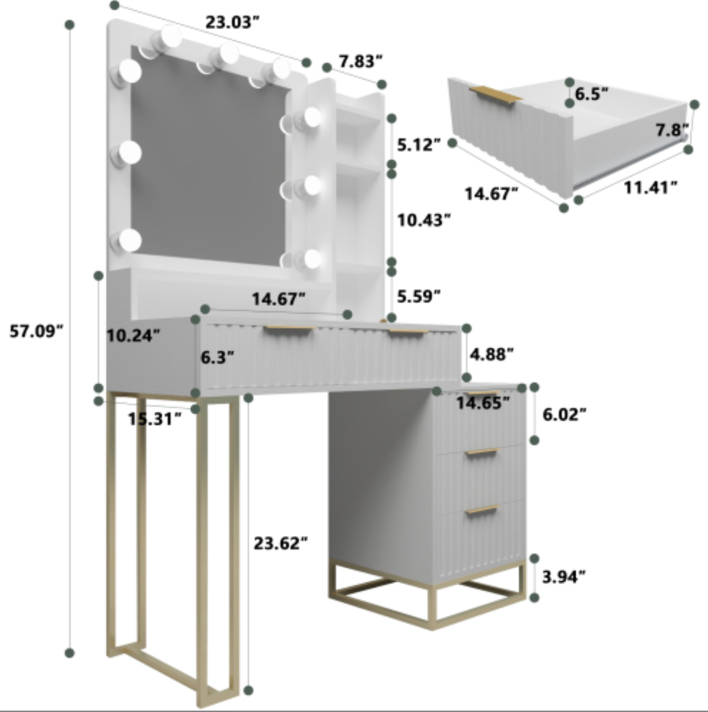 Makeup Vanity Desk with Mirror and Lights, Vanity Table, 5 Drawers - White