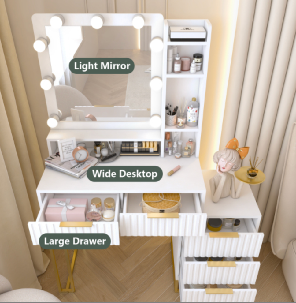 Makeup Vanity Desk with Mirror and Lights, Vanity Table, 5 Drawers - White