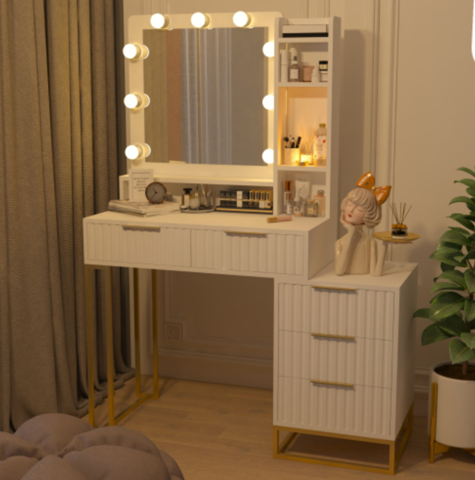 Makeup Vanity Desk with Mirror and Lights, Vanity Table, 5 Drawers - White