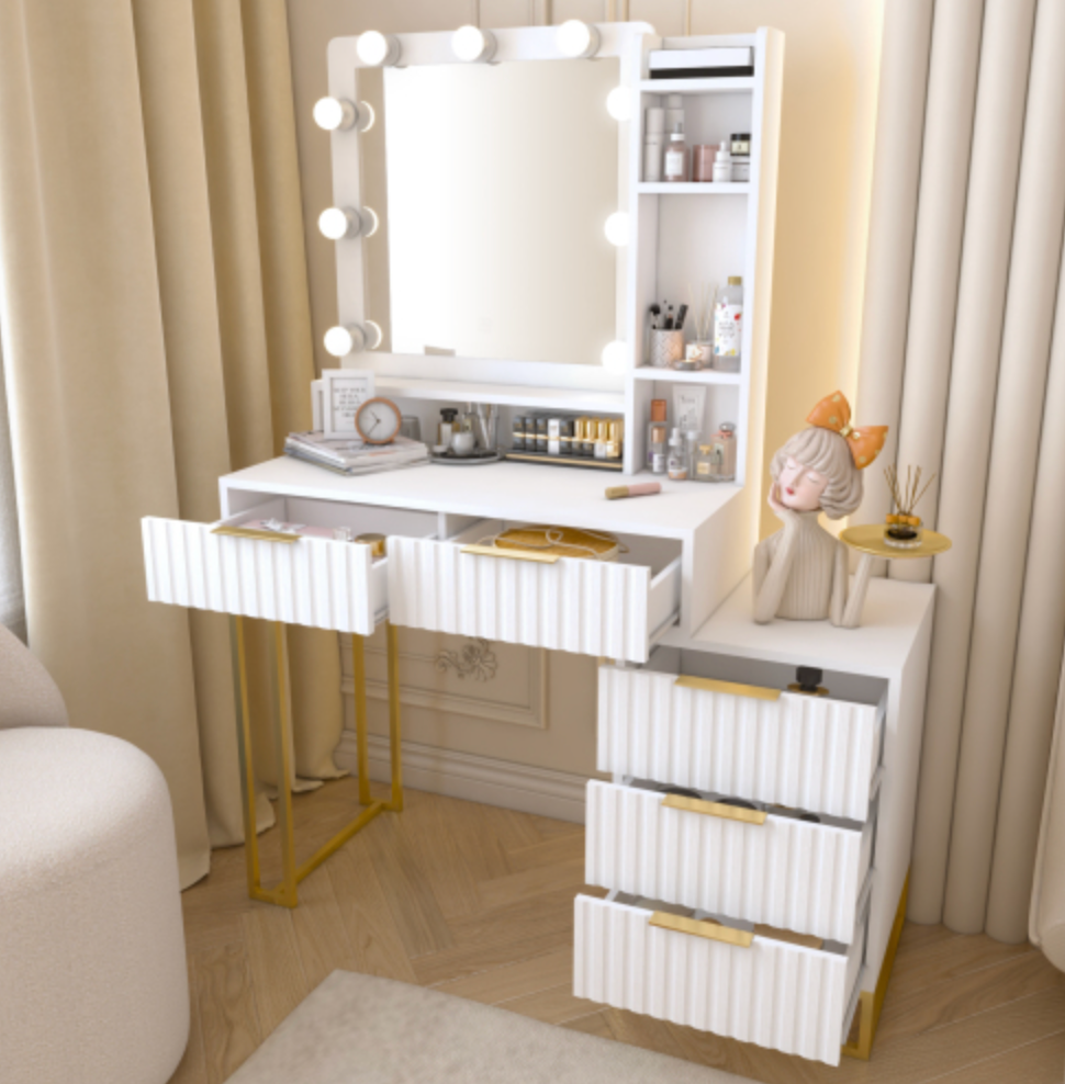 Makeup Vanity Desk with Mirror and Lights, Vanity Table, 5 Drawers - White