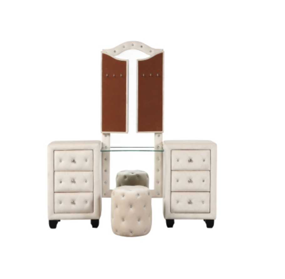 Crystal Tufted Vanity set Made with Wood in Cream