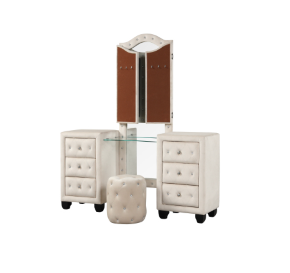 Crystal Tufted Vanity set Made with Wood in Cream