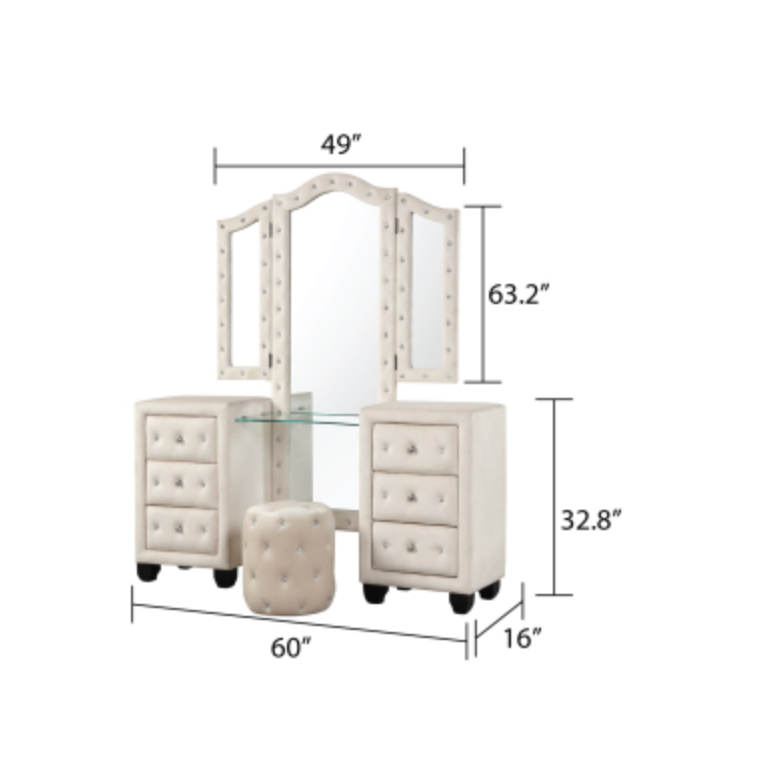 Crystal Tufted Vanity set Made with Wood in Cream