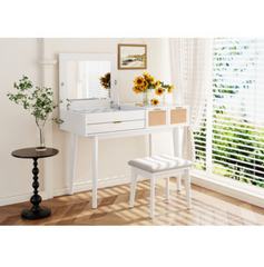 43.3" Classic Wood Makeup Vanity Set with Flip-top Mirror and Stool, Dressing Table with Three Drawers and storage space, White