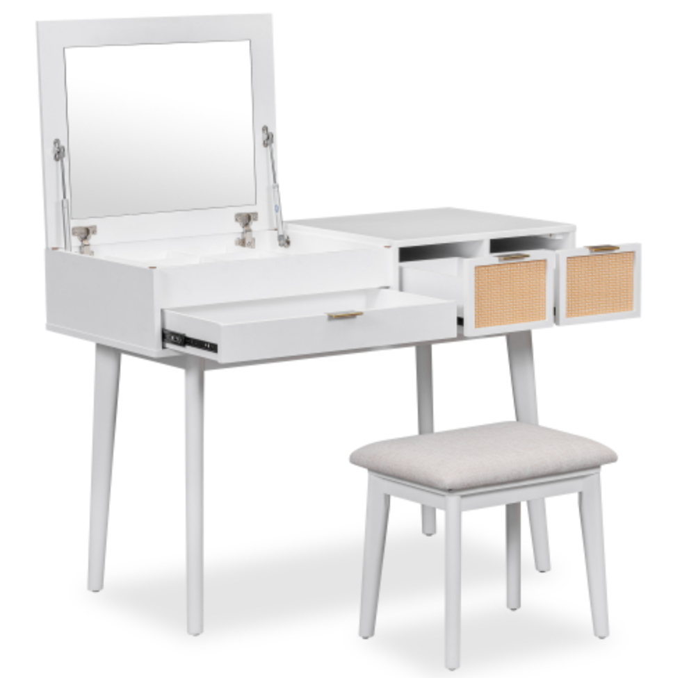 43.3" Classic Wood Makeup Vanity Set with Flip-top Mirror and Stool, Dressing Table with Three Drawers and storage space, White