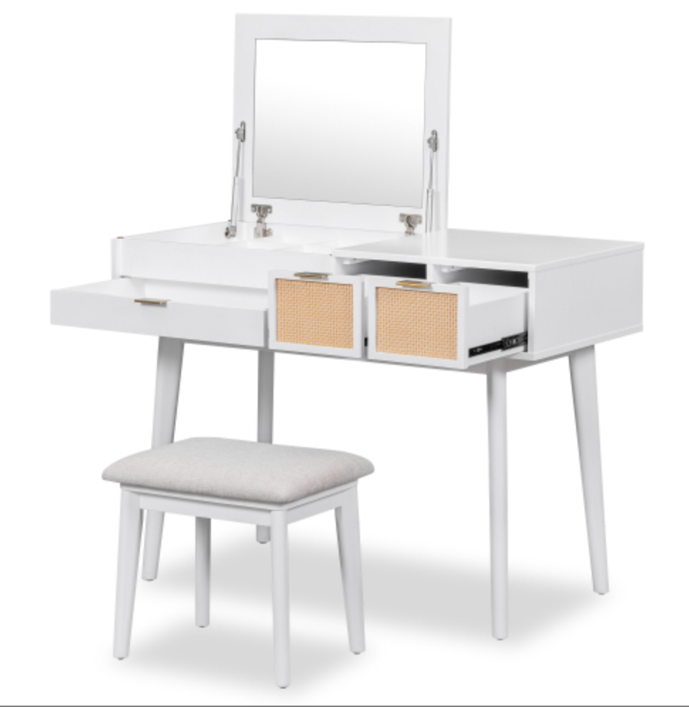 43.3" Classic Wood Makeup Vanity Set with Flip-top Mirror and Stool, Dressing Table with Three Drawers and storage space, White