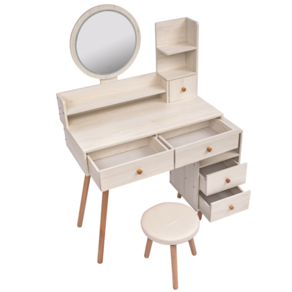 Stylish Vanity Table + Cushioned Stool, Touch Control LED Mirror, Large Capacity Storage Cabinet, 5 Drawers, Fashionable Makeup Furniture, Length Adjustable(L31.5"-43.2"x W15.8" x H48.1")