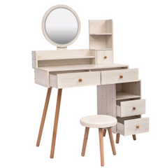 Stylish Vanity Table + Cushioned Stool, Touch Control LED Mirror, Large Capacity Storage Cabinet, 5 Drawers, Fashionable Makeup Furniture, Length Adjustable(L31.5"-43.2"x W15.8" x H48.1")