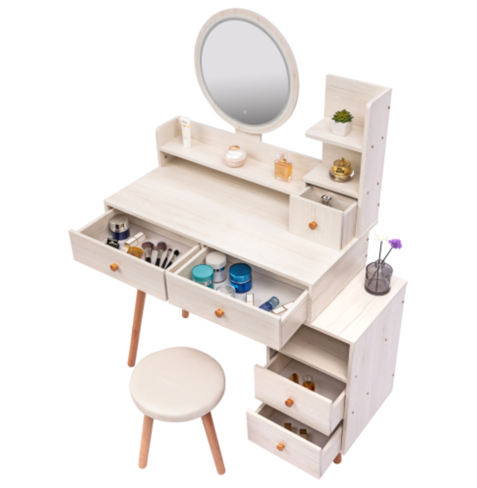 Stylish Vanity Table + Cushioned Stool, Touch Control LED Mirror, Large Capacity Storage Cabinet, 5 Drawers, Fashionable Makeup Furniture, Length Adjustable(L31.5"-43.2"x W15.8" x H48.1")