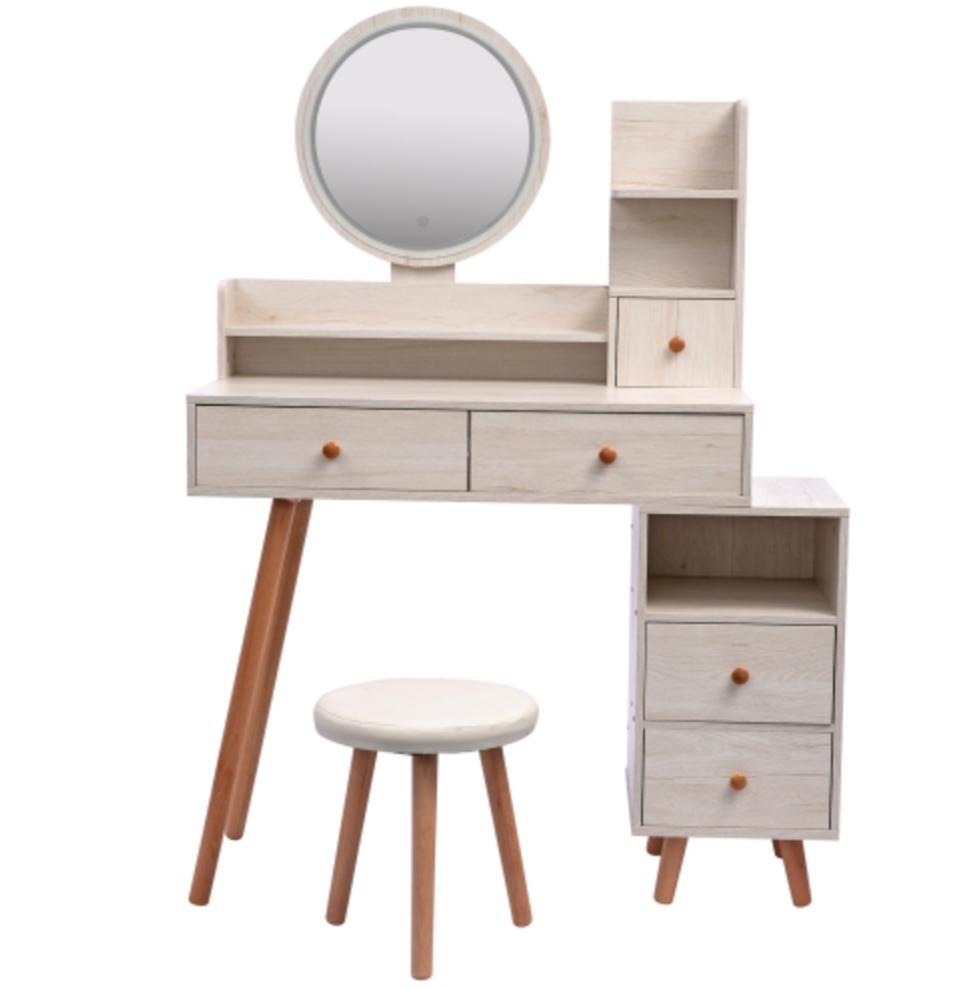 Stylish Vanity Table + Cushioned Stool, Touch Control LED Mirror, Large Capacity Storage Cabinet, 5 Drawers, Fashionable Makeup Furniture, Length Adjustable(L31.5"-43.2"x W15.8" x H48.1")