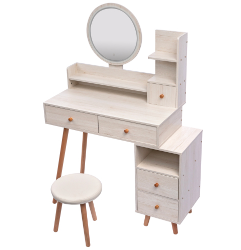 Stylish Vanity Table + Cushioned Stool, Touch Control LED Mirror, Large Capacity Storage Cabinet, 5 Drawers, Fashionable Makeup Furniture, Length Adjustable(L31.5"-43.2"x W15.8" x H48.1")