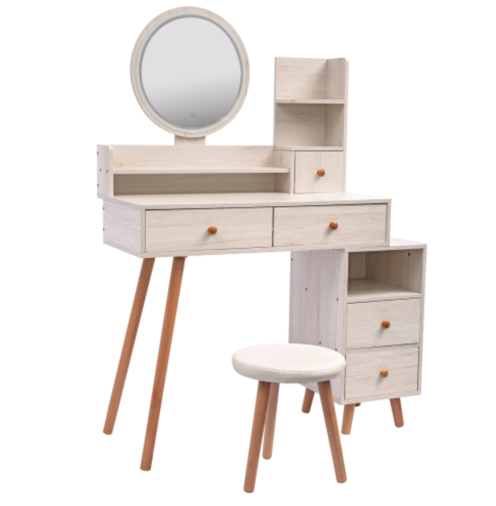 Stylish Vanity Table + Cushioned Stool, Touch Control LED Mirror, Large Capacity Storage Cabinet, 5 Drawers, Fashionable Makeup Furniture, Length Adjustable(L31.5"-43.2"x W15.8" x H48.1")