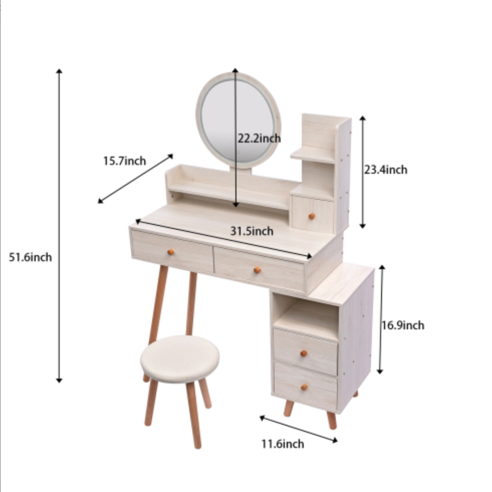 Stylish Vanity Table + Cushioned Stool, Touch Control LED Mirror, Large Capacity Storage Cabinet, 5 Drawers, Fashionable Makeup Furniture, Length Adjustable(L31.5"-43.2"x W15.8" x H48.1")