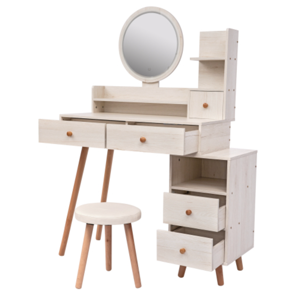 Stylish Vanity Table + Cushioned Stool, Touch Control LED Mirror, Large Capacity Storage Cabinet, 5 Drawers, Fashionable Makeup Furniture, Length Adjustable(L31.5"-43.2"x W15.8" x H48.1")