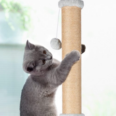 37'' Cat Scratching Post, Natural Sisal Rope Scratcher with Dangling Teaser Ball and Covered with Soft Plush for Kittens and Adult Cats, Sand Color