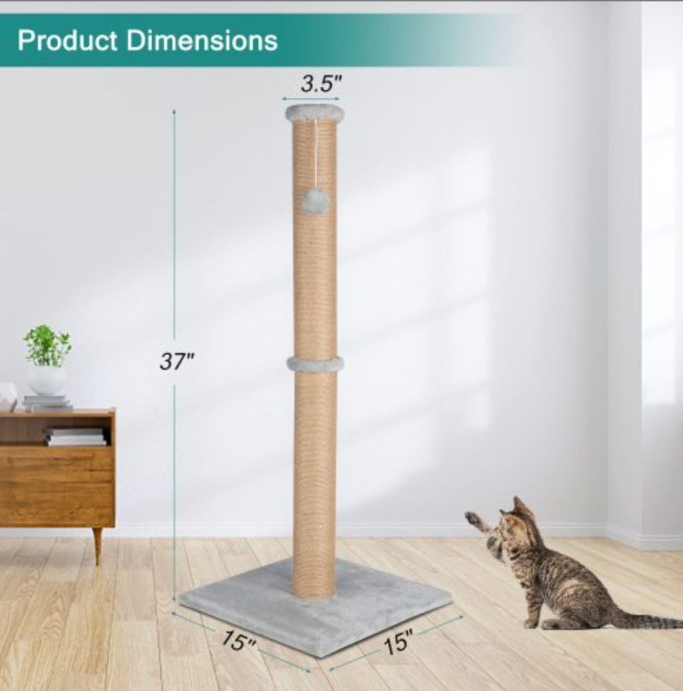 37'' Cat Scratching Post, Natural Sisal Rope Scratcher with Dangling Teaser Ball and Covered with Soft Plush for Kittens and Adult Cats, Sand Color