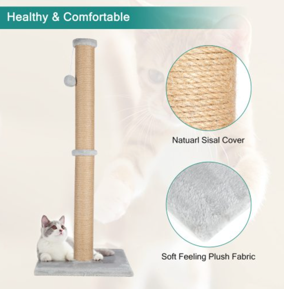 37'' Cat Scratching Post, Natural Sisal Rope Scratcher with Dangling Teaser Ball and Covered with Soft Plush for Kittens and Adult Cats, Sand Color