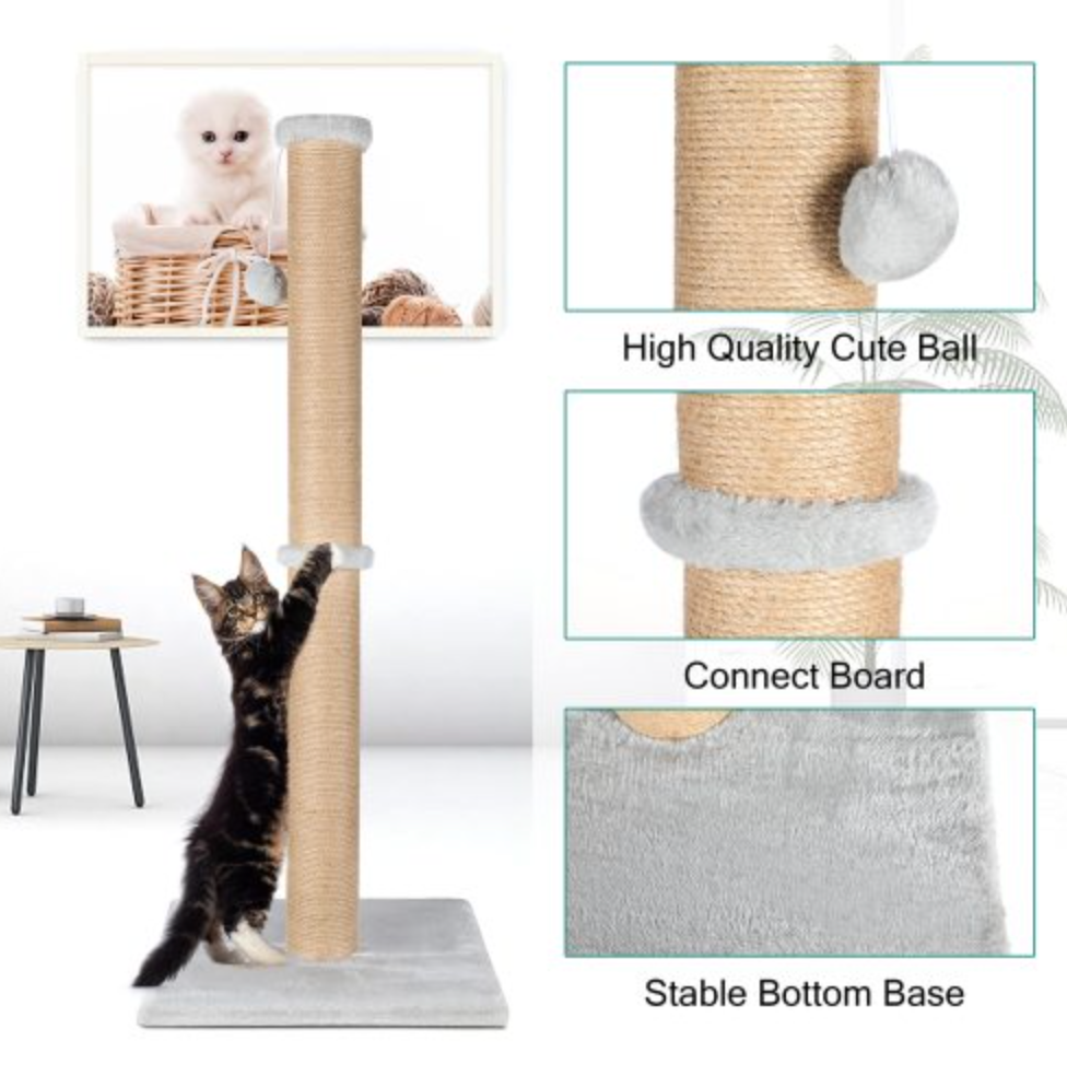 37'' Cat Scratching Post, Natural Sisal Rope Scratcher with Dangling Teaser Ball and Covered with Soft Plush for Kittens and Adult Cats, Sand Color