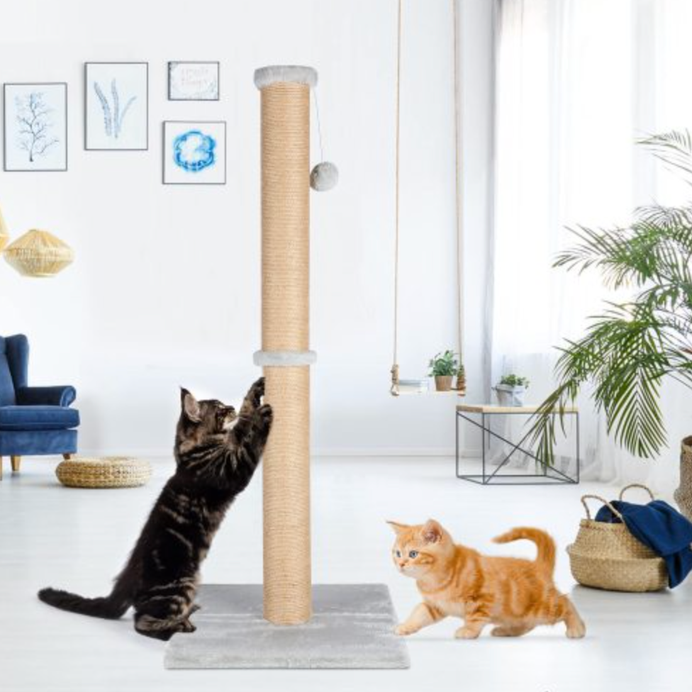 37'' Cat Scratching Post, Natural Sisal Rope Scratcher with Dangling Teaser Ball and Covered with Soft Plush for Kittens and Adult Cats, Sand Color