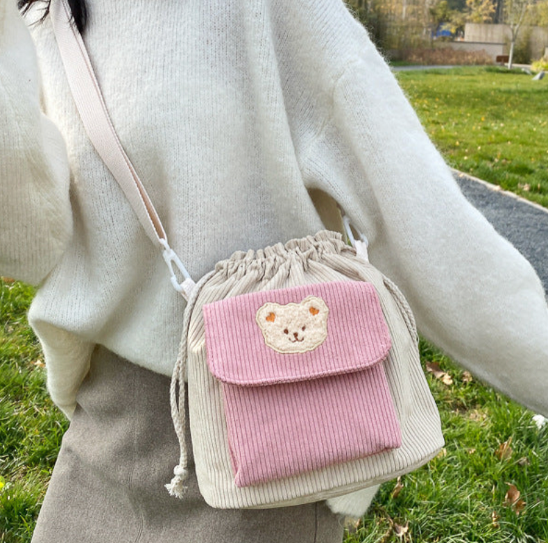 Cute Corduroy Drawstring Bucket Bag with Bear Design