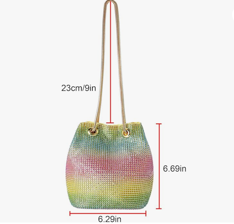 Crystal Rainbow Gradient Evening Bucket Bag, Rhinestone Crossbody Purse, Gold Chain Strap