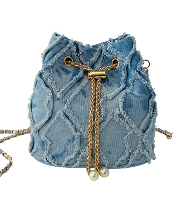 Chain Drawstring Raw Edge Denim Bucket Bag