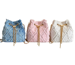 Chain Drawstring Raw Edge Denim Bucket Bag