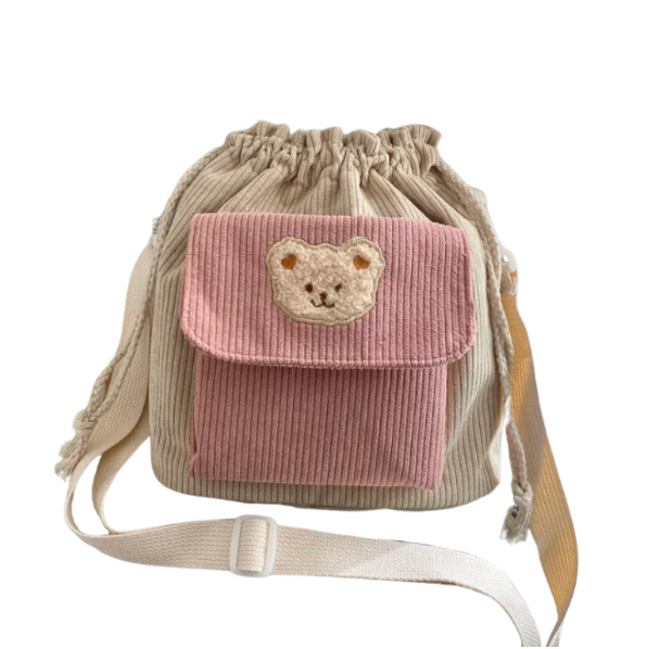 Cute Corduroy Drawstring Bucket Bag with Bear Design