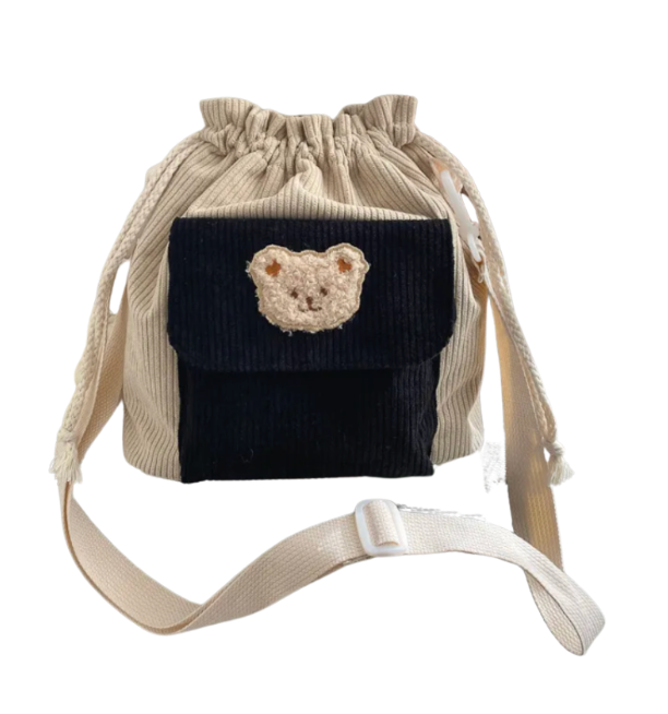 Cute Corduroy Drawstring Bucket Bag with Bear Design