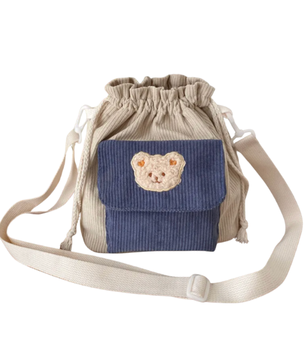 Cute Corduroy Drawstring Bucket Bag with Bear Design