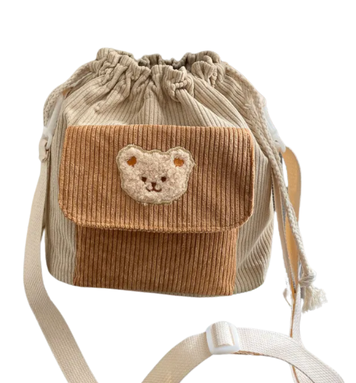 Cute Corduroy Drawstring Bucket Bag with Bear Design