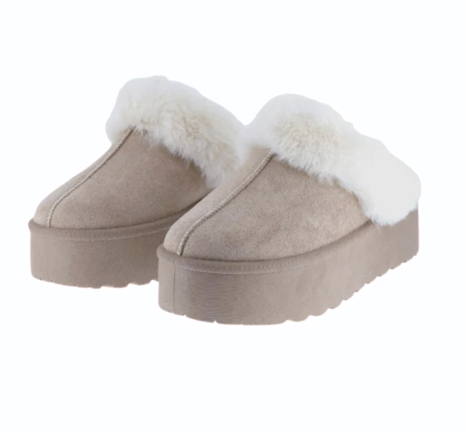 Cozy Thick Bottom Faux Fur Trim Snow Shoe Slippers, Beige/ Tan