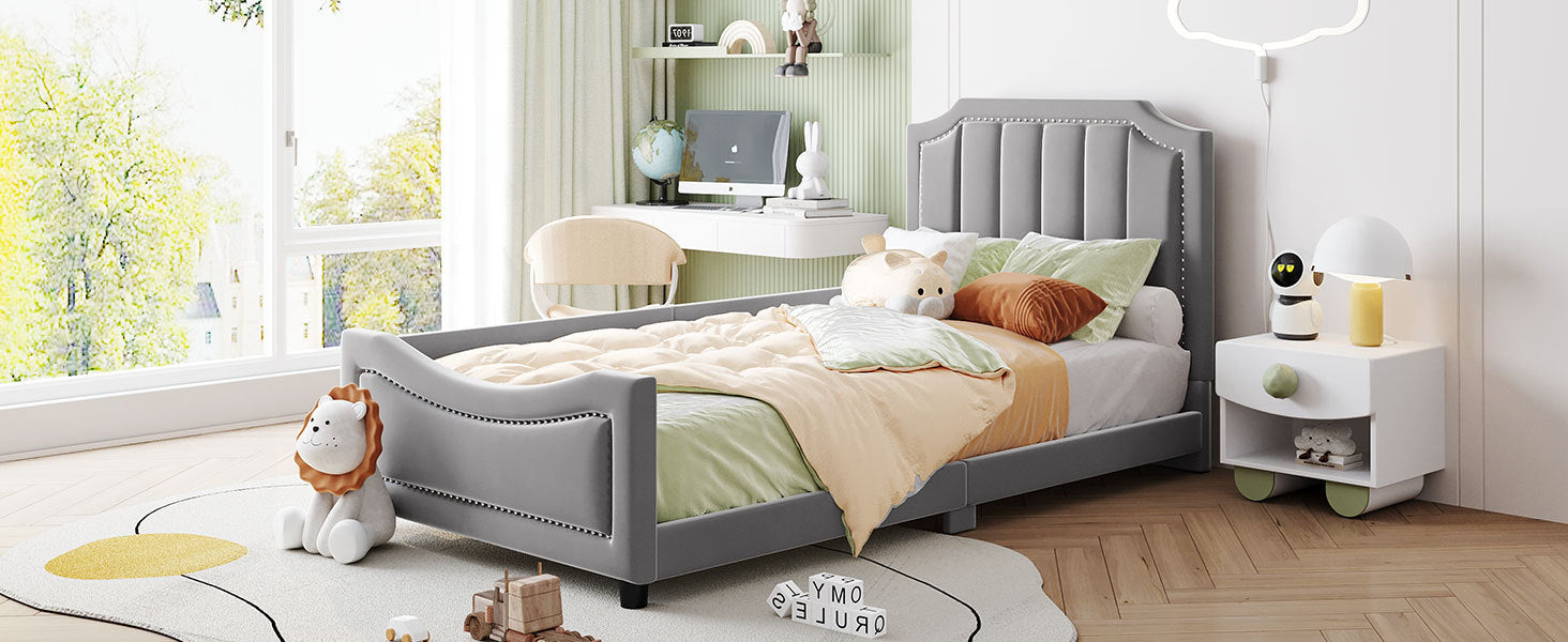 Twin Size Upholstered Daybed with Classic Stripe Shaped  Headboard - Gray