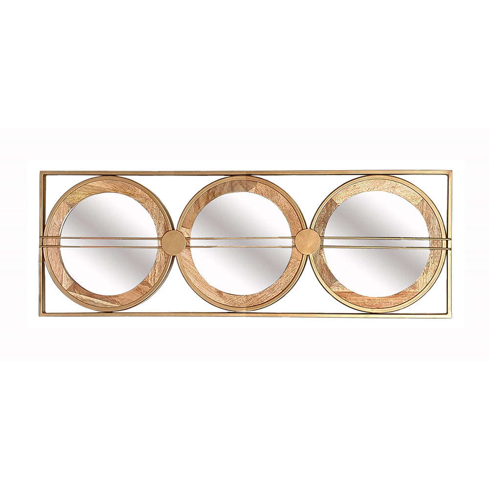 3 Mirror Piece Wall Mirror in Gold Rectangular Frame 40"x14" - Wood+Glass