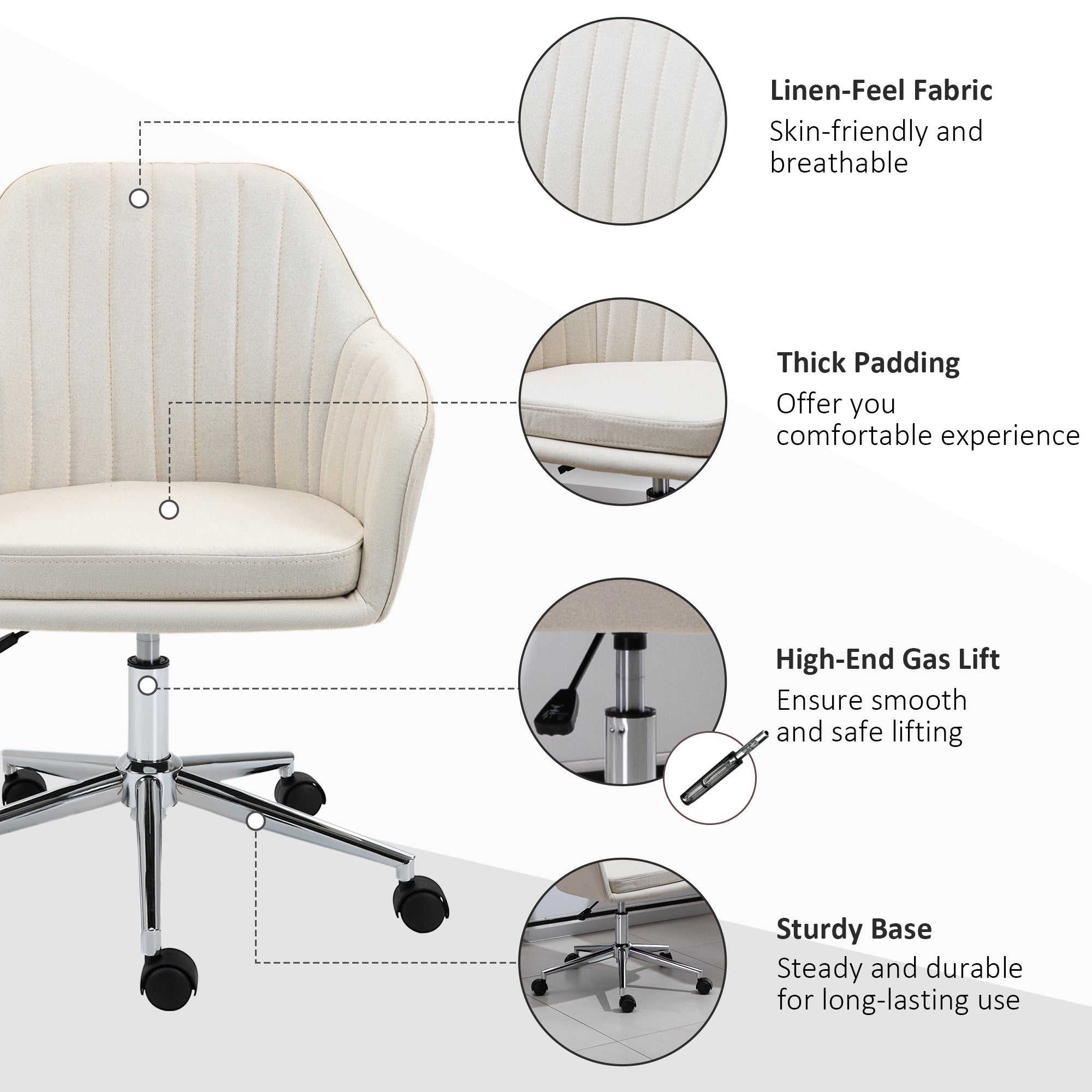 Mid-Back Task Chair, Fabric Home Office Chair, Swivel Desk Chair with Tub Shape Design & Lined Pattern Back - Beige